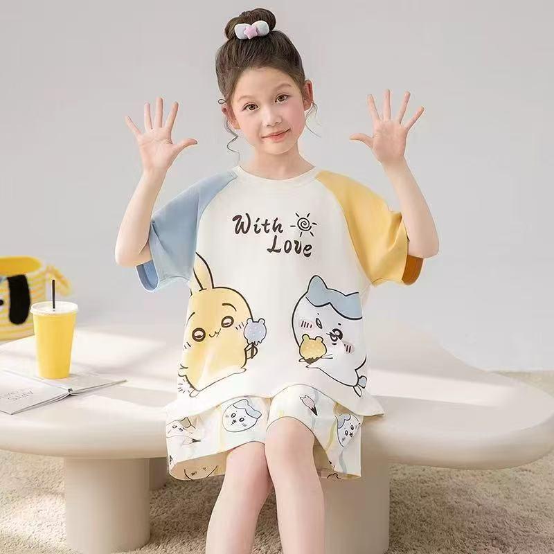 Melody Summer Loose Pajama Set for Girls - Thin Short Sleeve, Two-Piece, Medium & Large Sizes