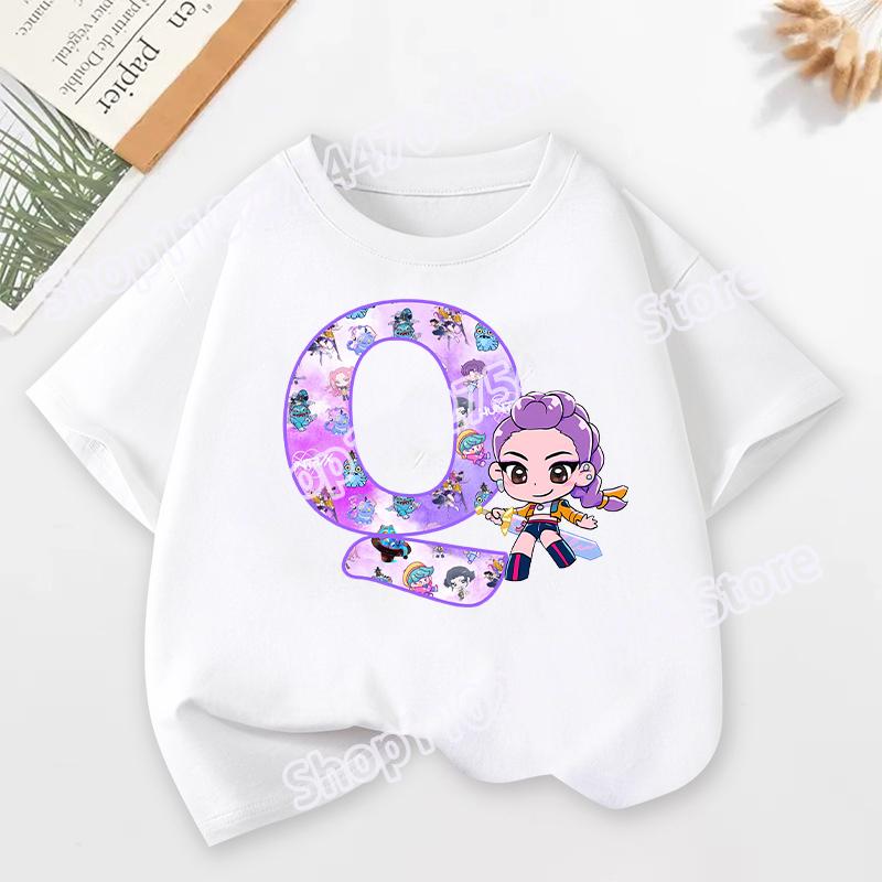 KPop Demon Hunters Child Short Sleeve T-shirt Cartoon Rumi Mira Zoey A-Z Print Cotton Tops Kawaii Summer Casual Tees Kids Gifts