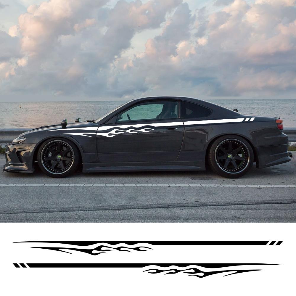 2PCS Flame Pattern Car Side Door Long Stripe Sticker Car Waistline Vinyl Decal Racing Auto Body Decal Car Decoration Accessories