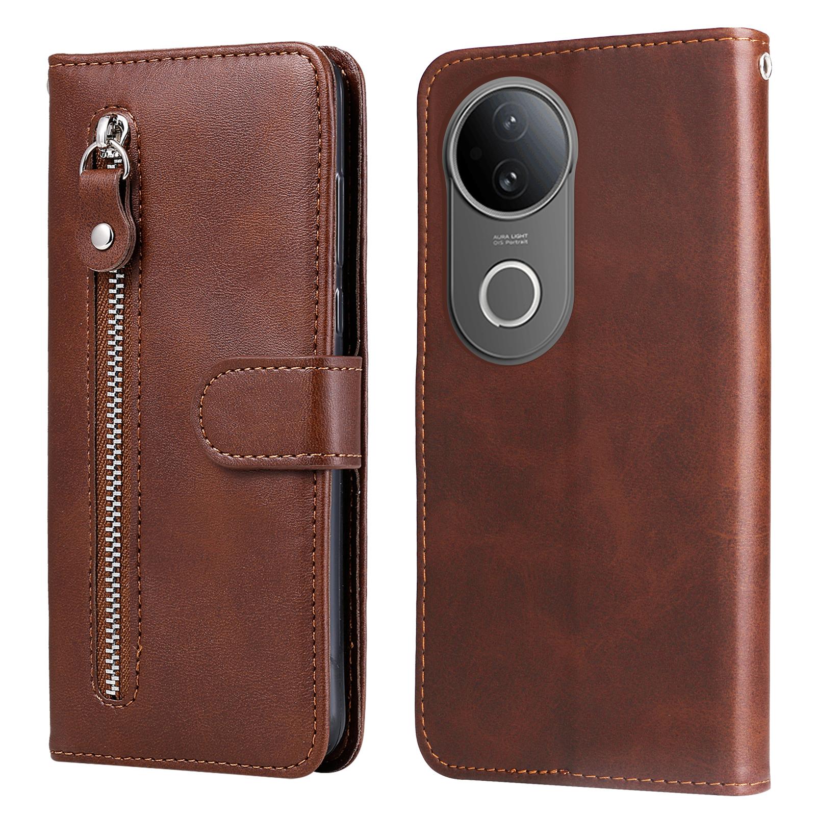 

For vivo S20 5G Case Zipper Wallet Calf Texture PU Leather Phone Cover Brown