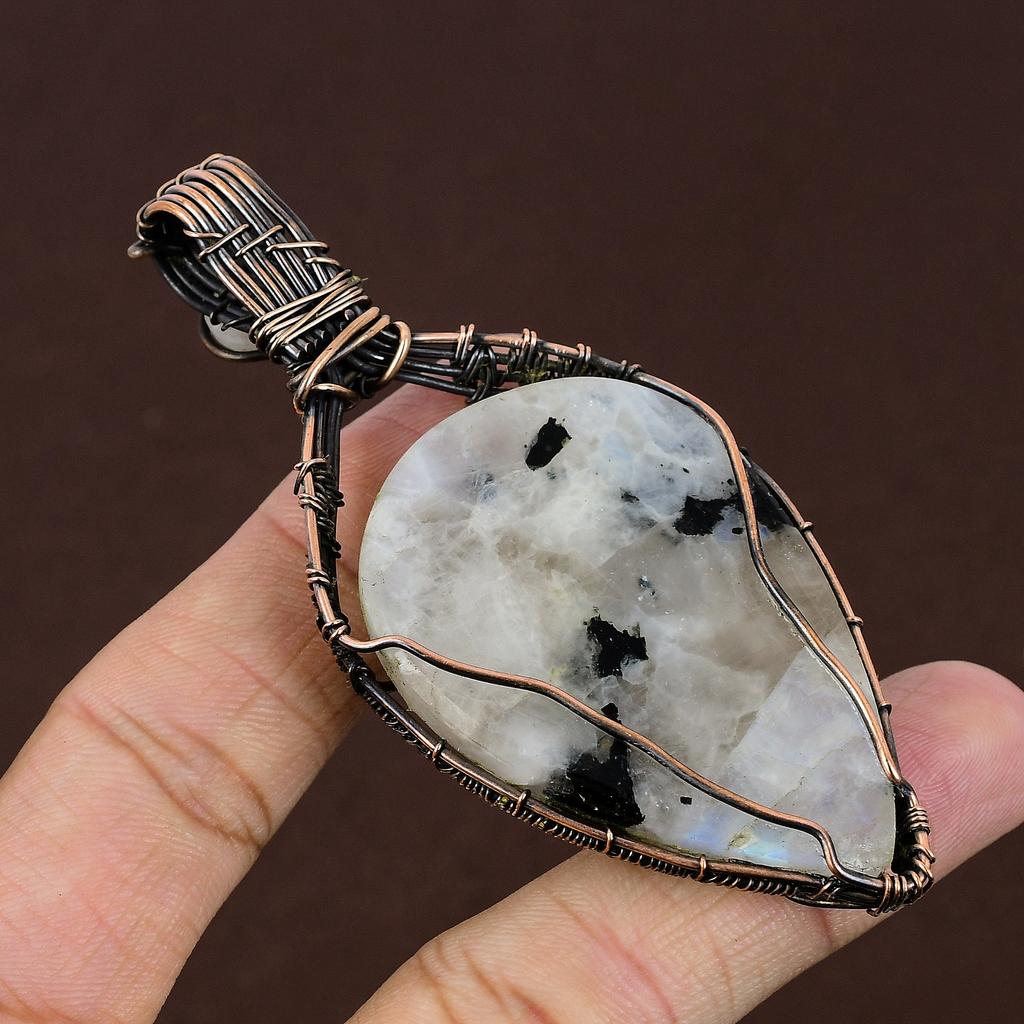 Rainbow Moonstone Gemstone Copper Wire Wrap Jewelry Pendant 3.54"