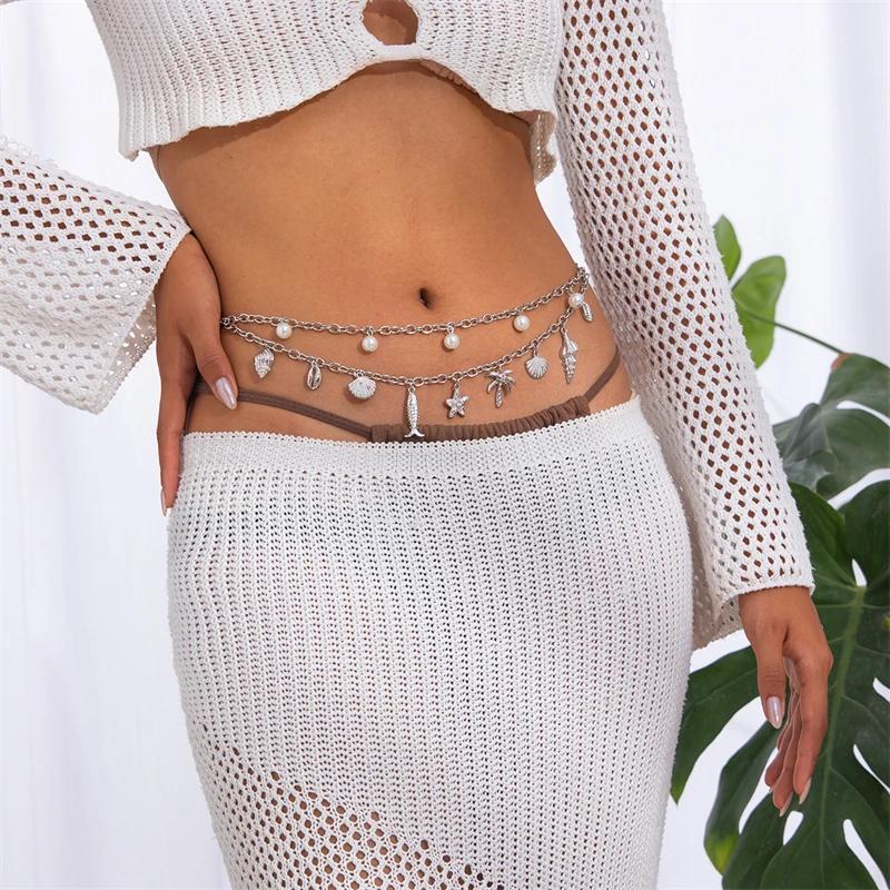 Bohemian Starfish Conch Shell Waist Chain for Women Fashion Imitation Pearl Personality Beach Belly Chain Body Jewelry Gifts