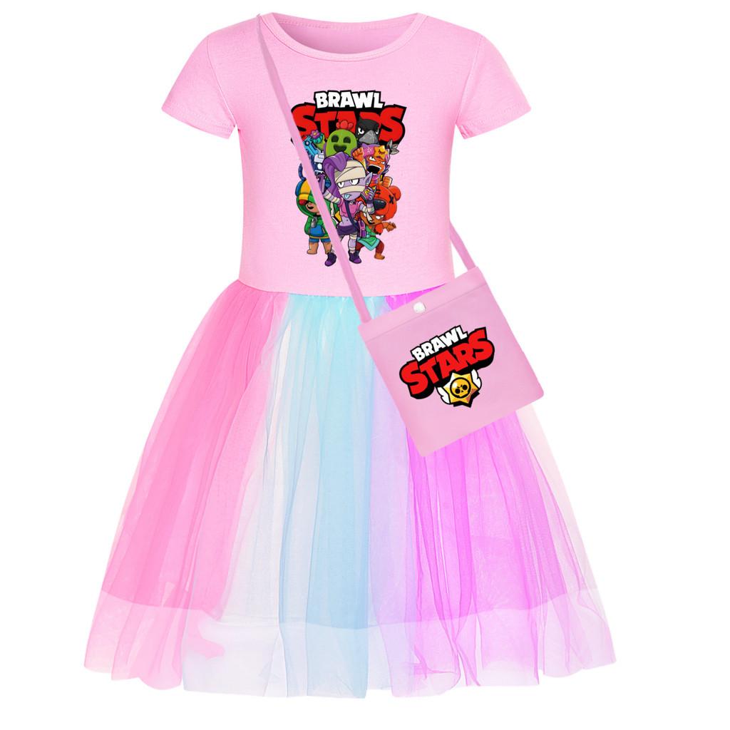 4094 Girls Brawl Stars Print Mesh Rainbow Princess Dress