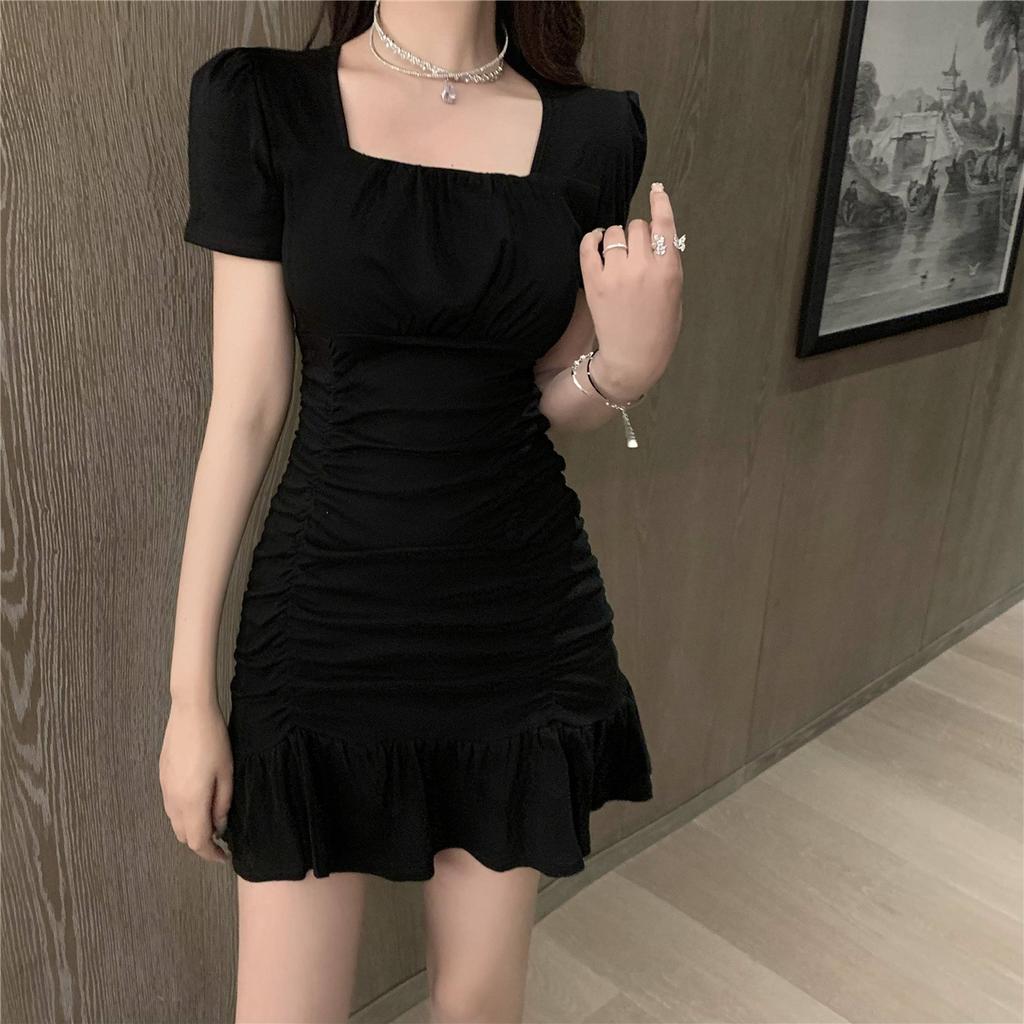 Spring and Summer Sexy Wrapped Hip Fishtail Dress Dress French Square Neck Slim Fit Slim Fold Wrapped Hip Ruffle Edge Dress