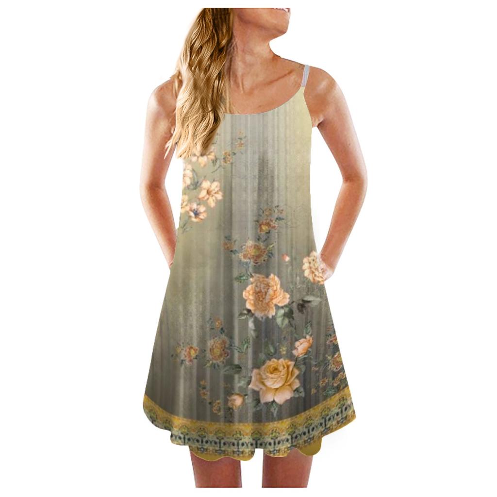Women's Fashion Summer Casual Vest Sleeveless Retro Florwer Print Loose Tank Large Beach Dress