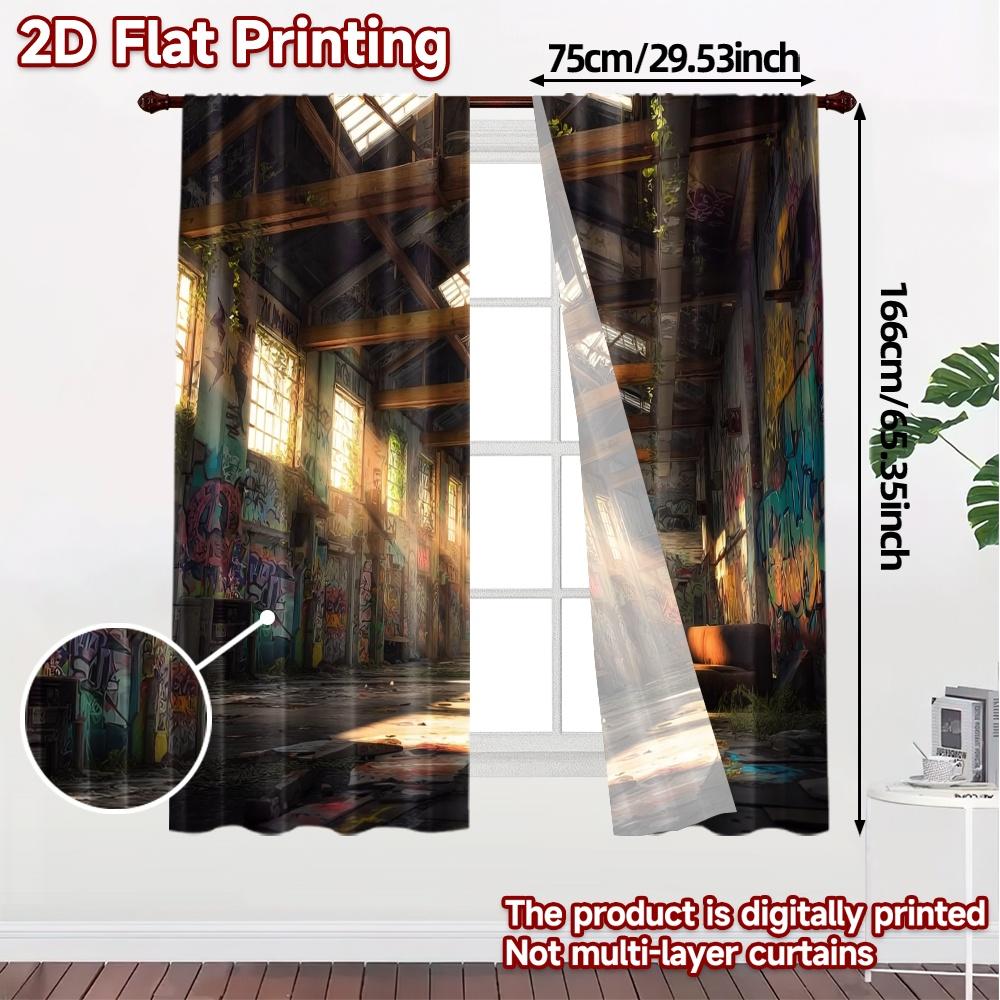 2pcs   2D FLAT PRINTING Curtains (Without Rod) Urban Decay Creative Modern Curtains Versatile Durable Polyester Curtains Thermal