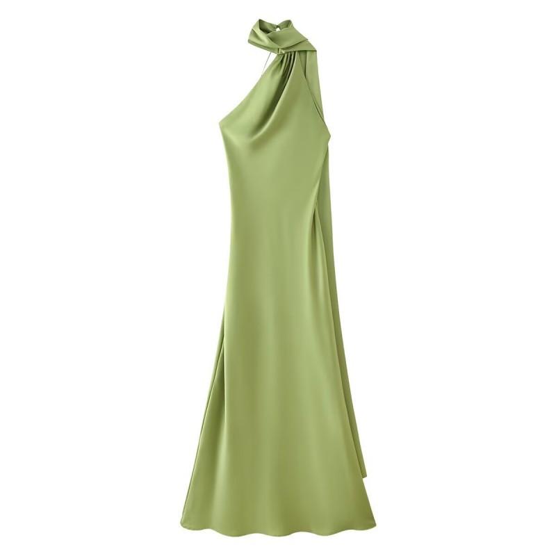 Elegant Off-Shoulder Backless Wrap Tie Neckline Maxi Dress Women 2025 Slim Fit High Waist TR Fabric Small трава зеленый