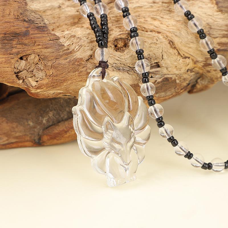 Medium Long Pink Crystal Nine-Tailed Fox Necklace with Green Chalcedony Jade Pendant