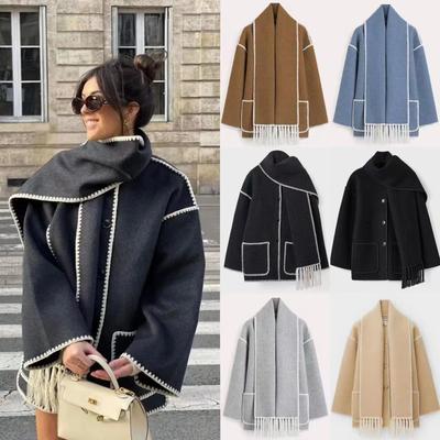 Herbst- und Wintermode, Damenmode, einfarbig, Wolljacke, verdickte, lose Quastenjacke mit Schal