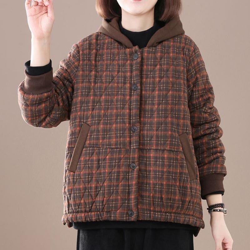 Thick Coat Women Winter Retro Plaid Hooded Casual Warm Comfortable Lightweight Cotton Coat Top