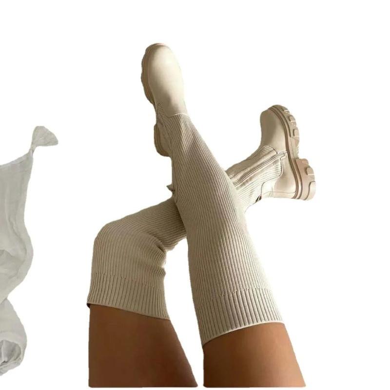 Winter Samt Stretch Stiefel Über dem Knie Damenstiefel Damen Dicke Ferse Schlanke Passform Hohe Absätze Große Größe Wildlederstiefel Botas Mujer