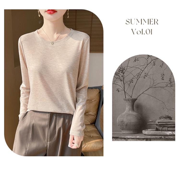Women's Long Sleeve Round Neck Tencel Cotton Sheer T-Shirt - Slimming, Loose Fit, Knit Base Layer, New Basic Style