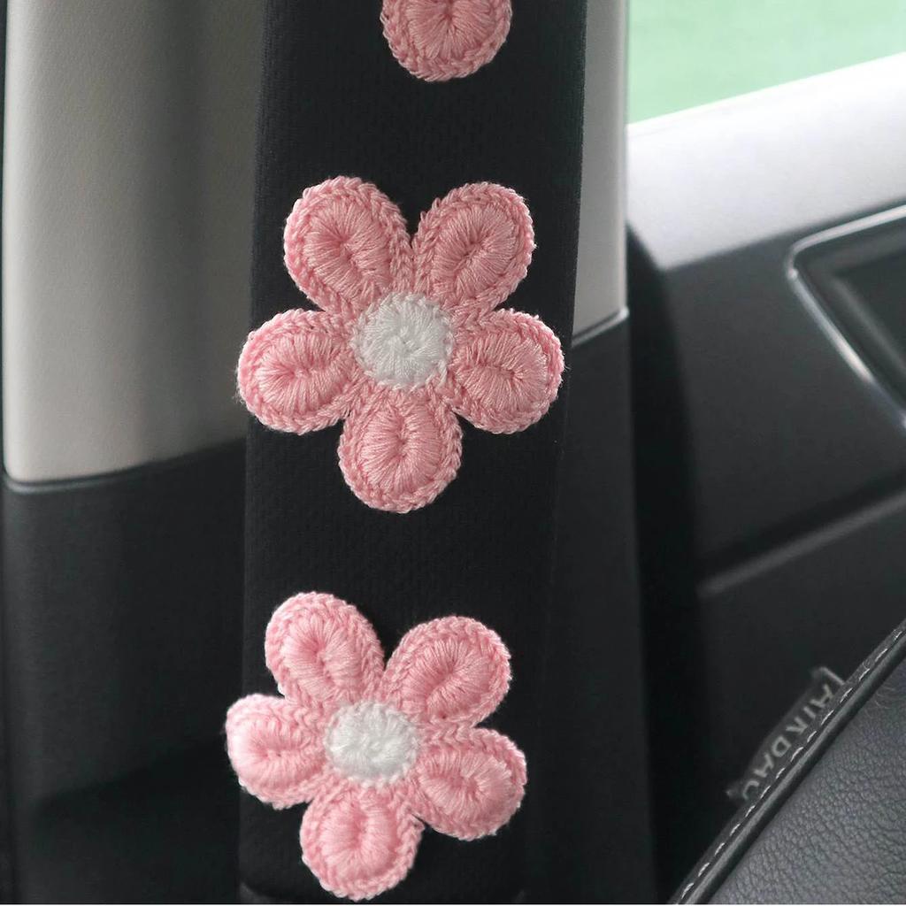 2pcs Ice Silk Pink Flower Shoulder Protection Cartoon Creative Car Seat Belt Shoulder Protection Small Flower Car Interior