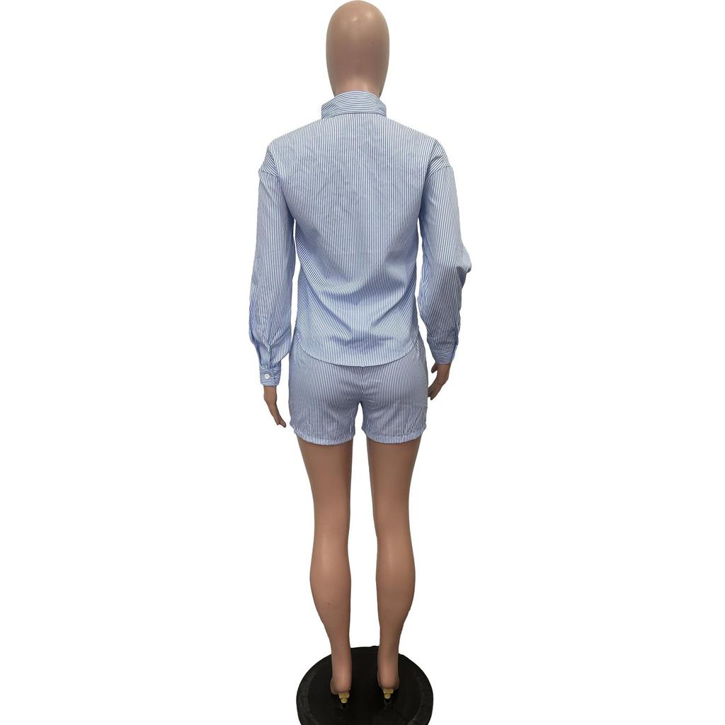 Frühling/Sommer Damen Gestreiftes Knopfrevers Zweiteiliges Set