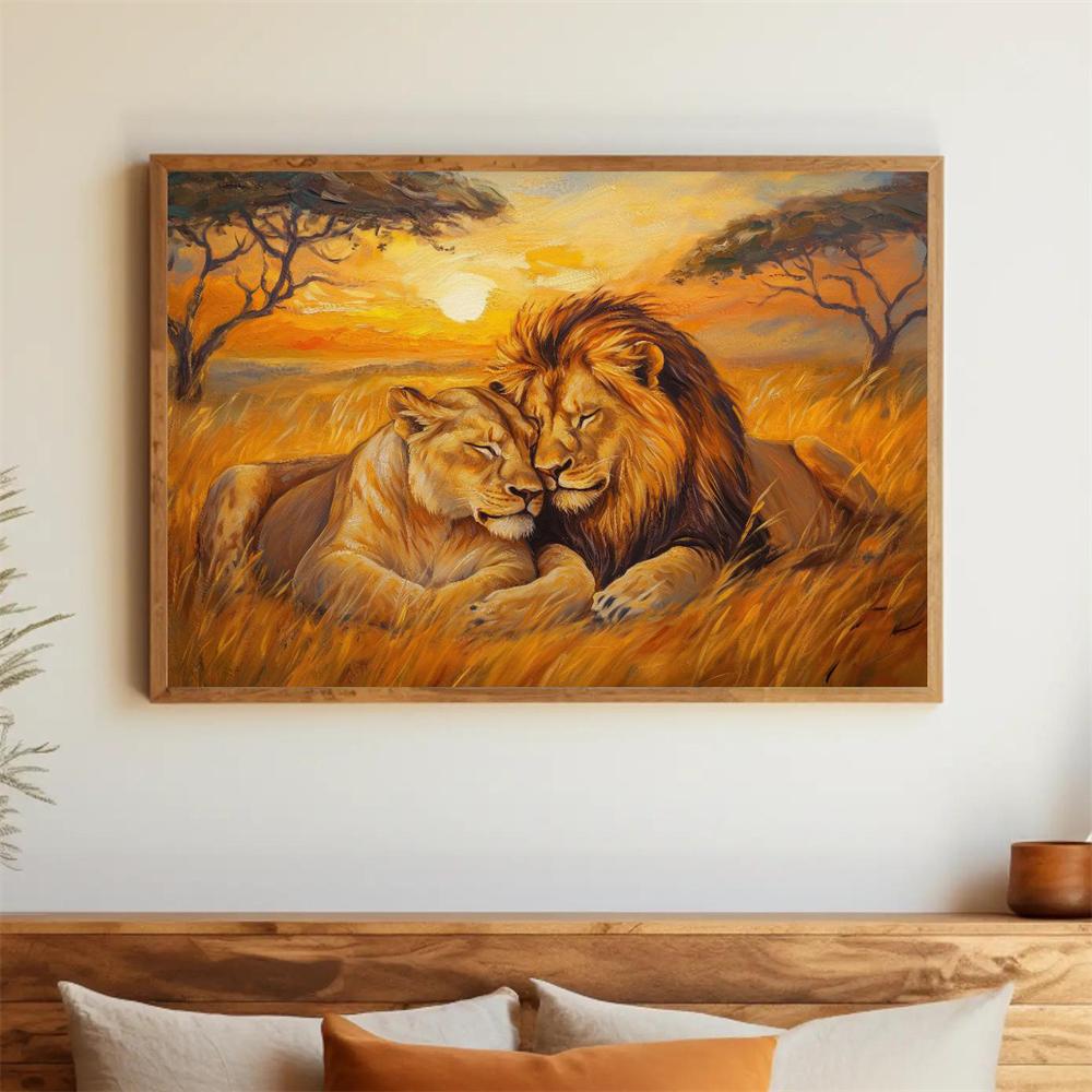 Lion Couple Canvas Print Romantic Wildlife Art Poster Golden Sunset Majestic Lion Wall Art Canvas Painting Home Living Room Art