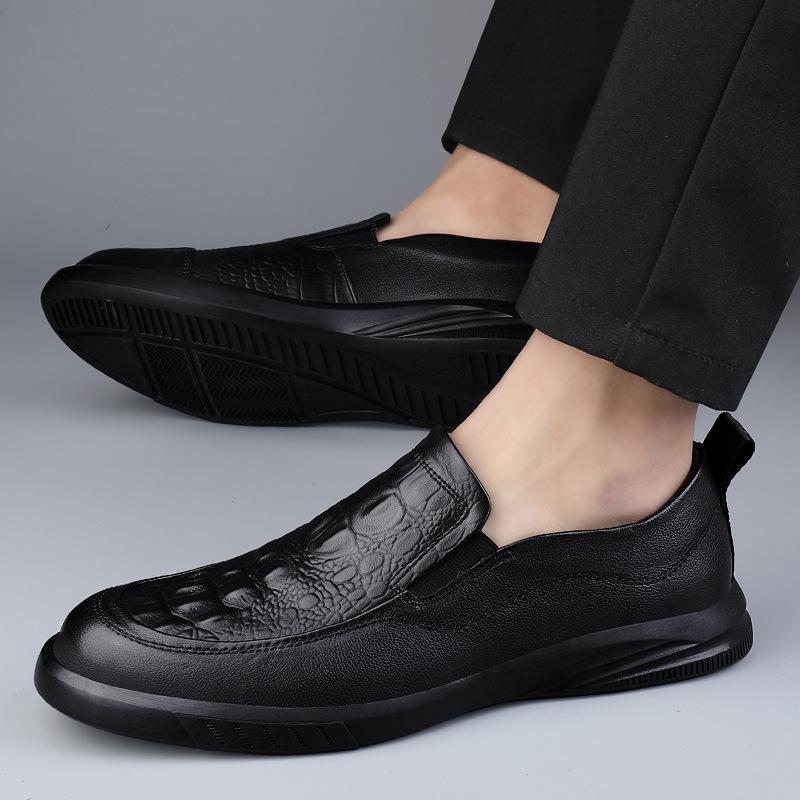 7 Men'S Shoes, Leather Shoes, Genuine Leather Dress Casual Shoes, Spring Low-Top Overalls, Crocodile Pattern Cowhide Surface Flat-Soled Single Shoes