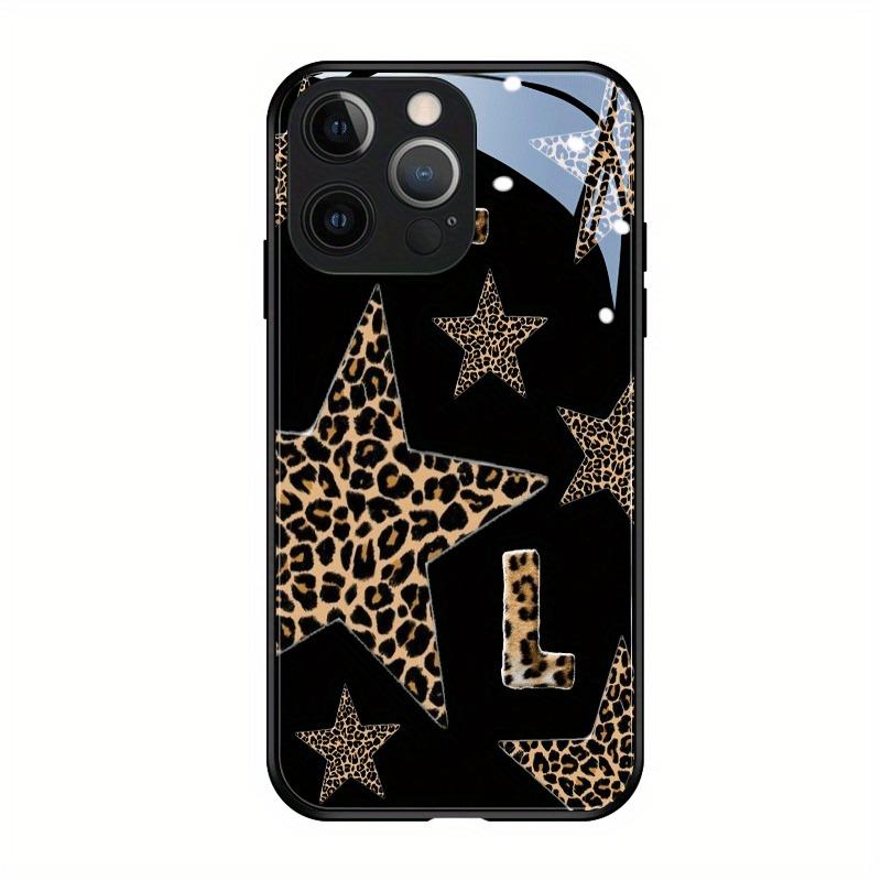 Black Leopard Print Star Letter Pattern Glass Phone Case For iPhone 17 16 15 14 13 12 11 Pro Max 16E 17Air 7 Plus XR XS X Cover
