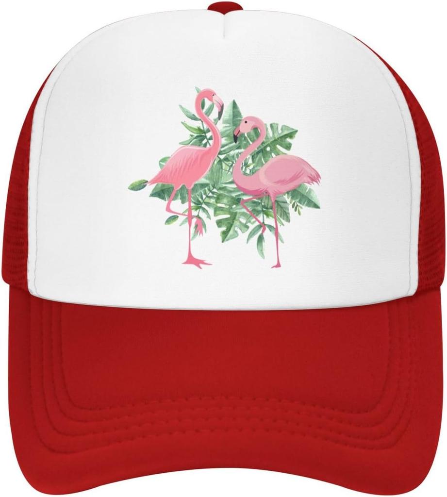 Flamingo Tropical Leaves Print Trucker Hat Adjustable Mesh Baseball Cap for Unisex Casual