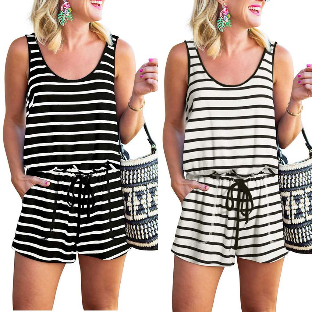 

Womens Summer Stripe Neck Sleeveless Tank Top Short Jumpsuit Vest