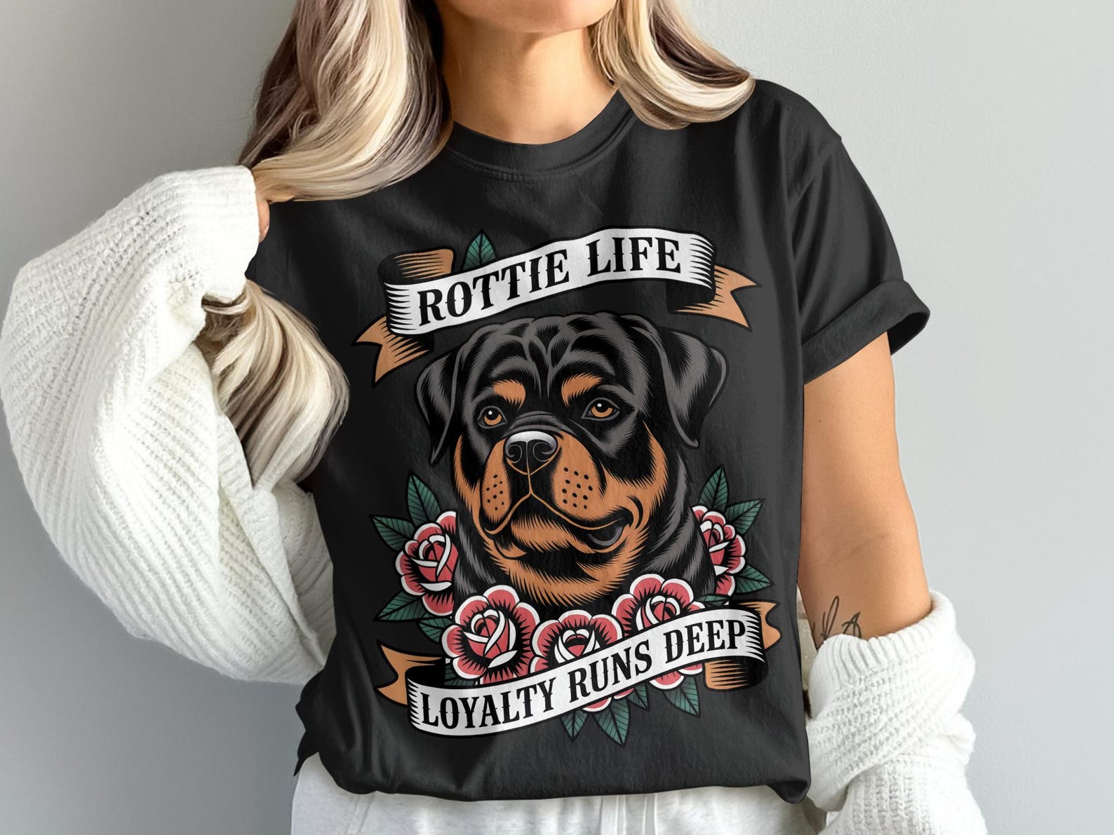Rottie Life T-Shirt, Loyalty Runs Deep, Rottweiler Dog Tee, Rose Tattoo Style, Dog Lover Gift, Dog Breed T Shirt, Rottweiler Owner Gift 2XL