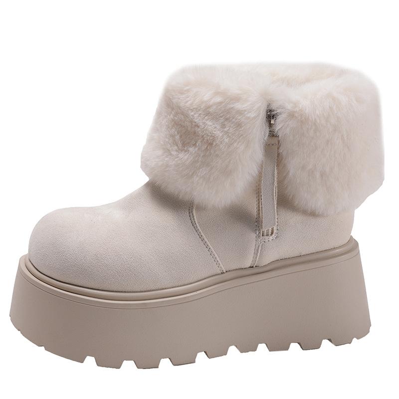 White Retro Velvet Non-slip Thick-soled Snow Boots for Women 2025 New Autumn and Winter Small Height-increasing Soft-soled Cotton Slippers