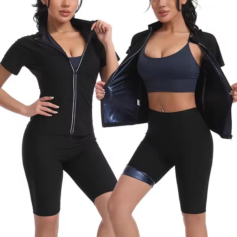 Damen Sauna Anzug 2-teiliges Set Kurzarm Top + Shorts Heißes Schweiß-Schlankheits-Sportbekleidung für Yoga Laufen Workout