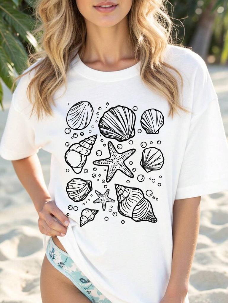 Camiseta de mujer talla grande Adecuada para unas vacaciones junto al mar Tela suave y cmoda Estampado de concha
