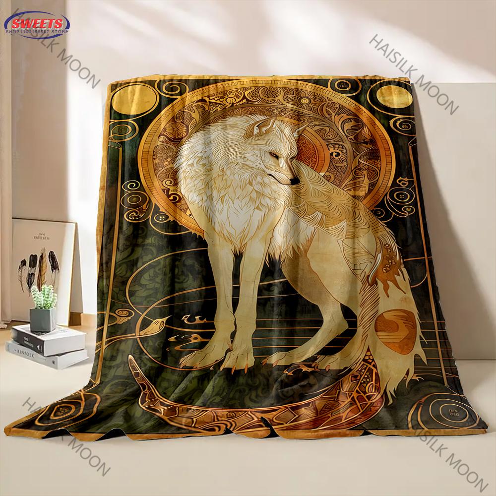 6 Sizes Mysterious Black Wolf Wolf Totem Print Flannel Blanket for Son Husband Dad,Super Soft Fluffy Bedroom Sofa Office Blanket