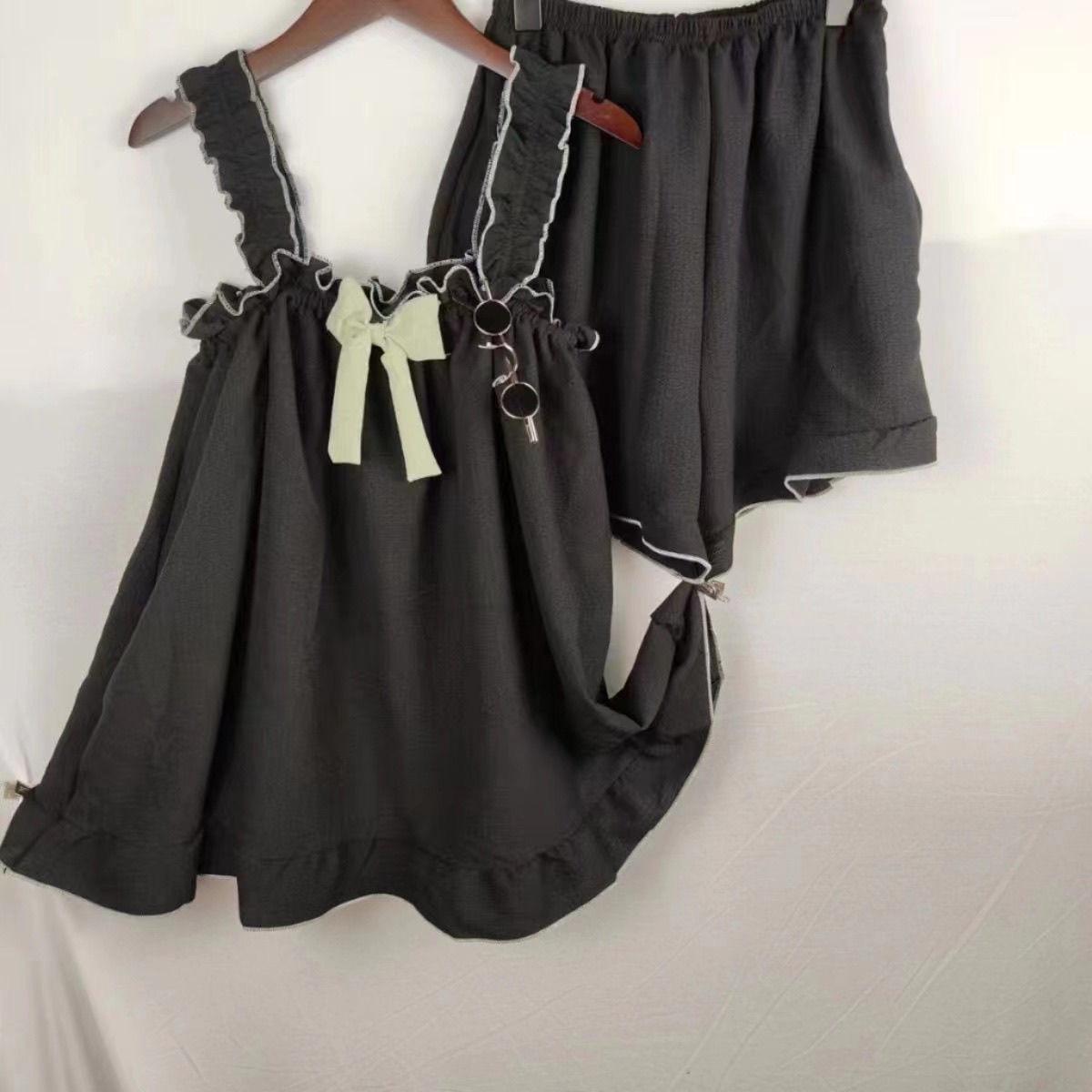 

Internet celebrity bow simple wind suspender pajamas women s summer shorts thin two-piece set student dormitory loungewear S