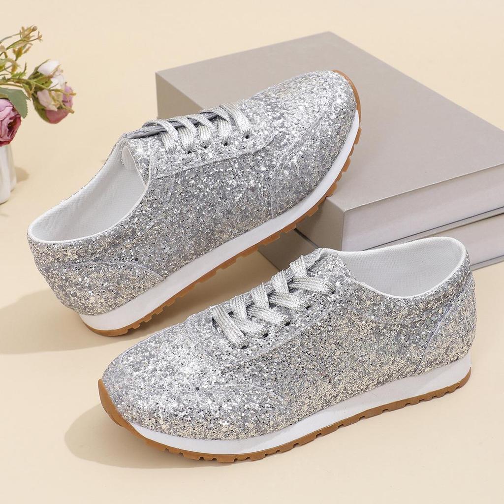 Plus Size Flat Casual Sports Shoes Women's 2025 New Sequin Lace-up Shoes