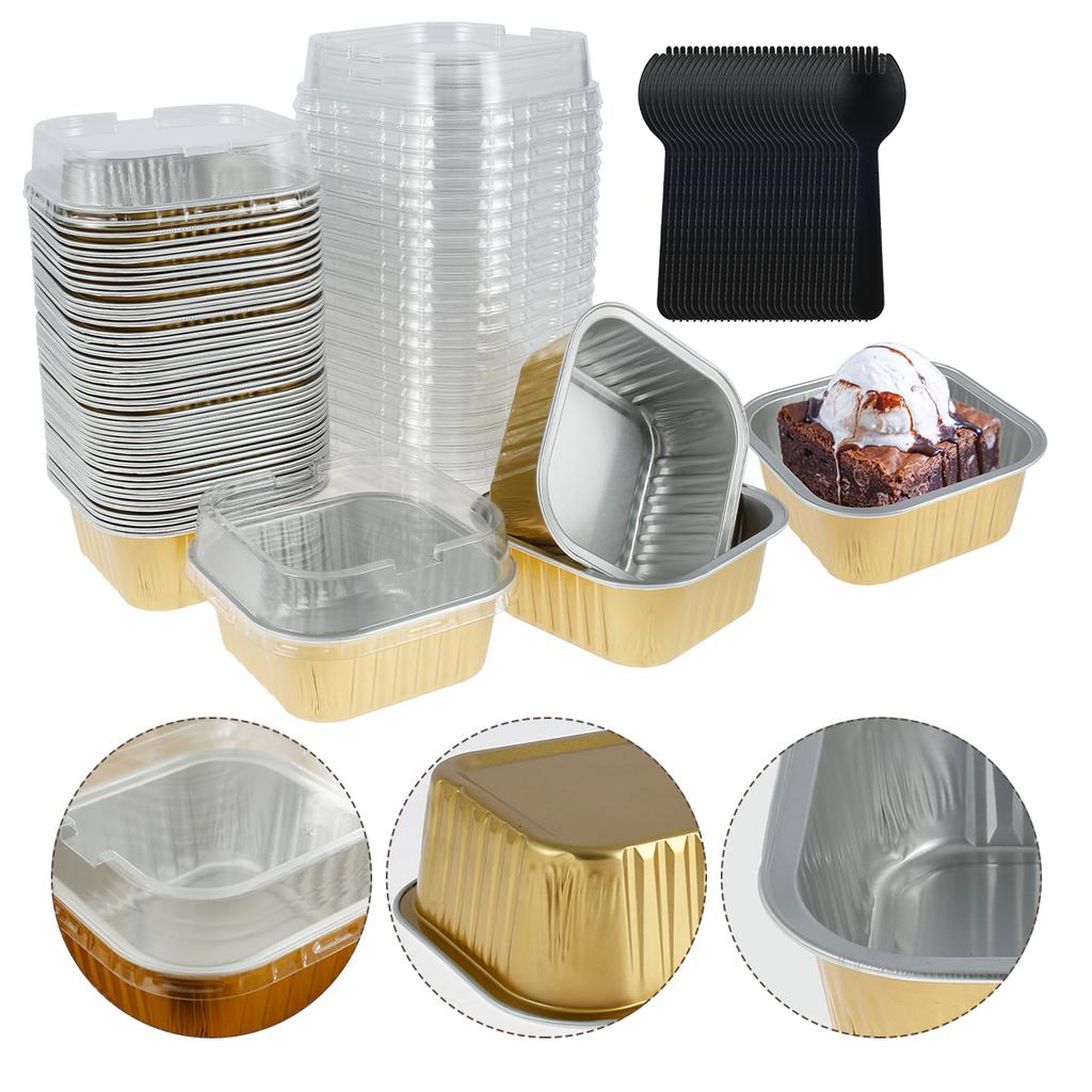 50Pcs Aluminum Foil Cupcake Cups Non-Stick Foil Baking Cups 150ml Square Ramekin Pudding Dessert Cups Cream Cups Containers