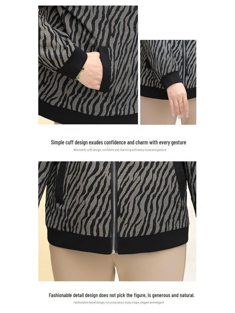 Middle-aged Women's Striped Long-sleeve Turn-down Collar Casual Jacket for Spring and Autumn