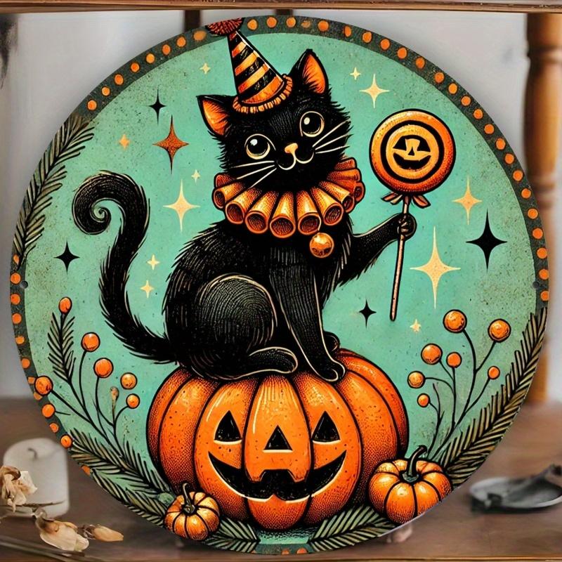 Vintage Halloween Clown Cat Round Aluminum Sign