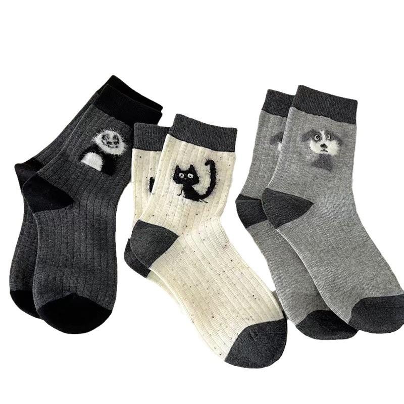 Kreslené tečkované ponožky pro ženy, ponožky do půlky na podzim a zimu, čistá bavlna, trendy rostlinný fleece, roztomilé froté ponožky na jaro a podzim