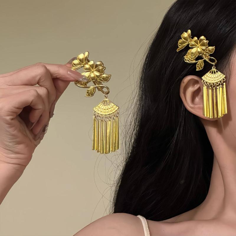 Vintage Gold Tassel Hair Clip Elegant Ethnic Style Hairpin Side Clip Headdress Chinese Style Hair Accessories