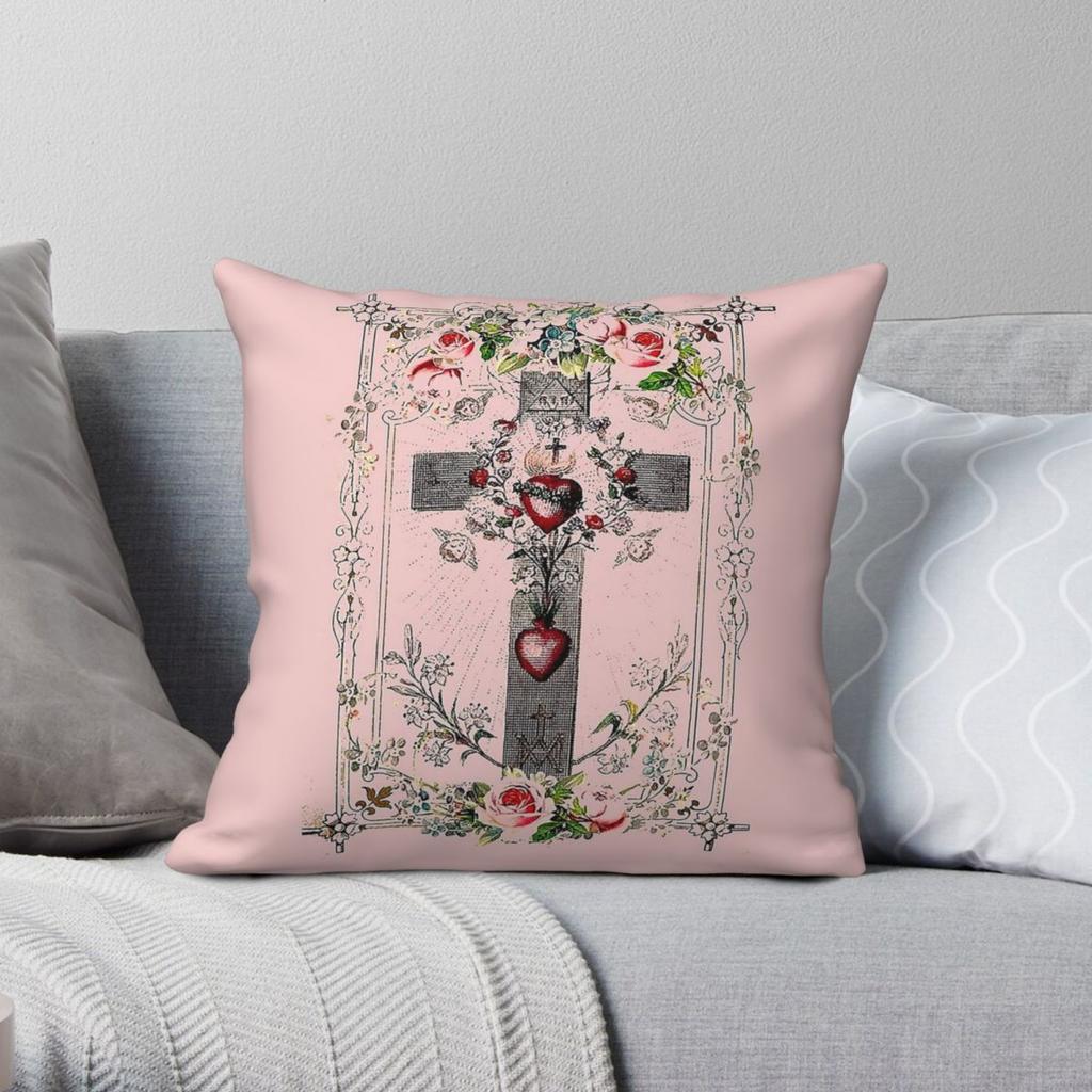 Cross With Hearts Of Jesus And Mary Square Pillowcase Polyester Linen Velvet Creative Decorative Pillow Case Room Cushion Cover