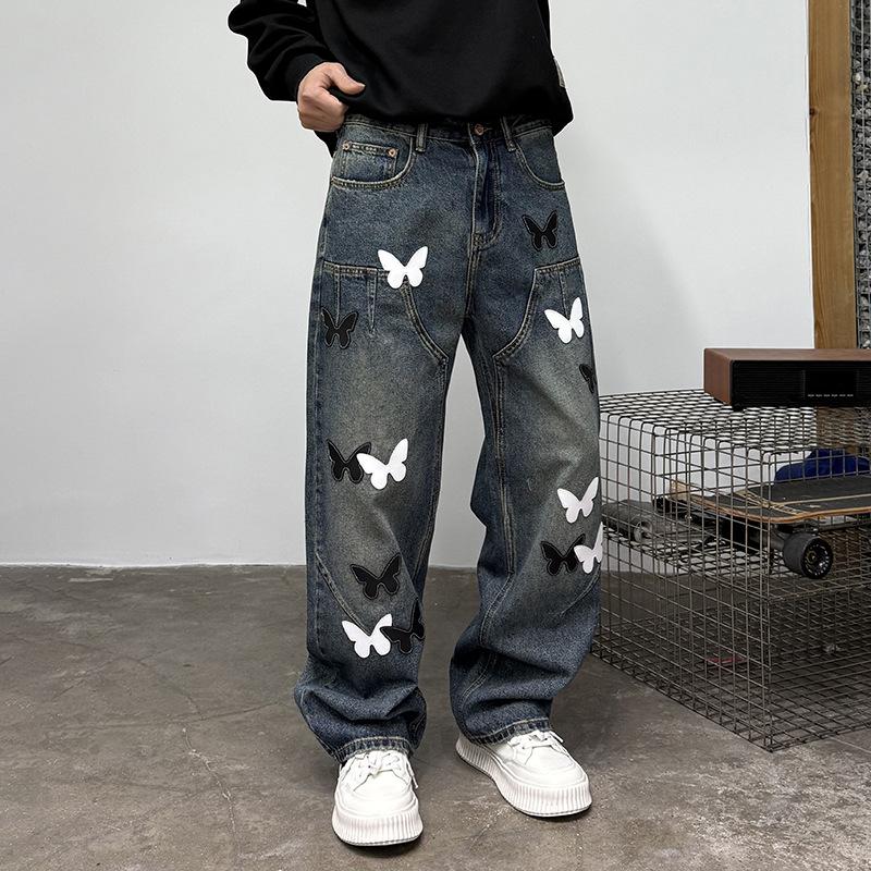 Black and white butterfly design fashion heavy tooling jeans new American retro loose nostalgic denim straight pants