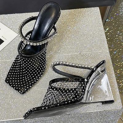 Summer Sexy Crystal Diamond Square Toe Women Slippers Designer Transparent Wedges Heels Banquet Party Shoes