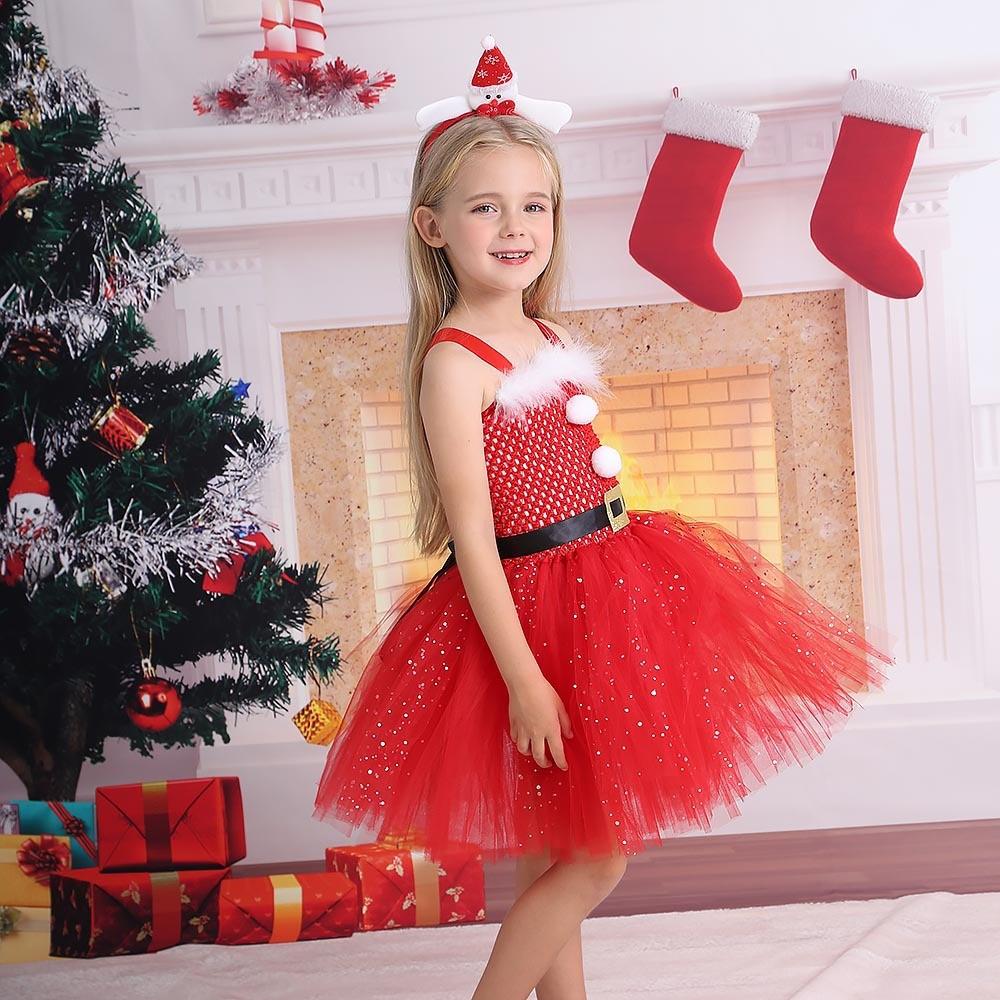 Kids Girls Christmas Santa Claus Mesh Tutu Dress Headwear Set Children Halloween Cosplay Costumes Child Pretend Princess Party Role Play Outfit