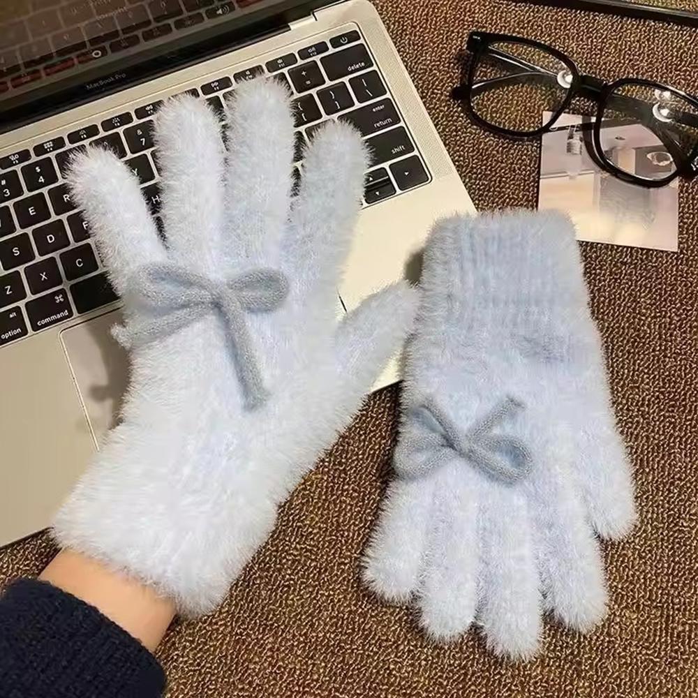 Korean Style Cute Winter Warm Knitted Plush Gloves for Women Bow Thickened Full Finger Gloves Cycling Antifreeze Student Gloves
