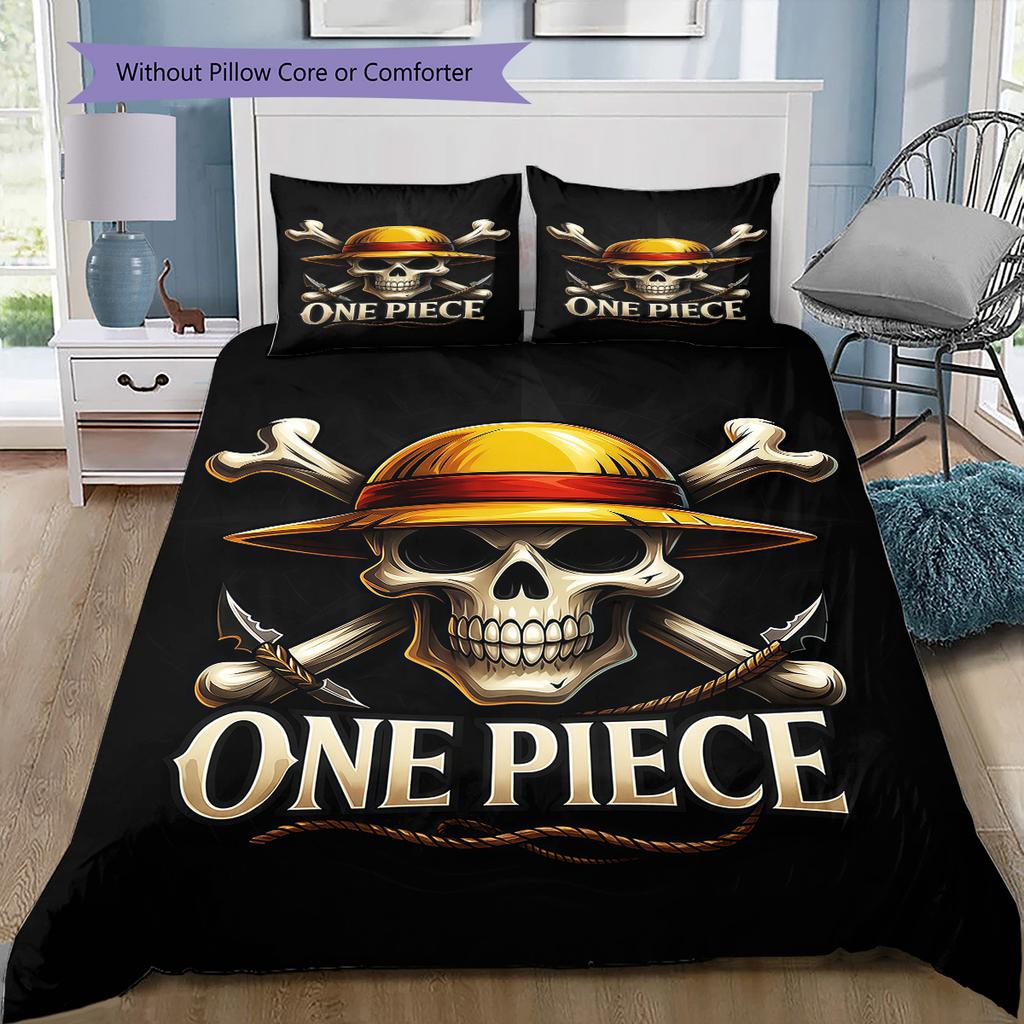 One Piece Logo Pattern Bedding Quilt Set Quilt Cover Pillowcase Home Birthday Gift(1 * Duvet Cover + 2 * Pillowcase, Without Core)