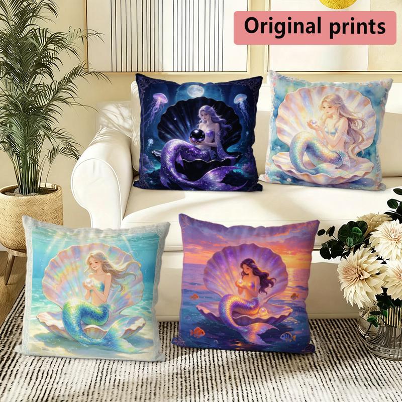Mermaid Printed Square Throw Pillow Cases For Home Decor Pattern Cushion Cover Suitable For Sofa Bedroom Car Pillow Cover