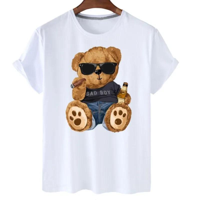 plus Size Trendy Teddy Bear Graphic Tee Casual Short-Sleeved T-Shirt Polyester Fabric Summer Top for Men