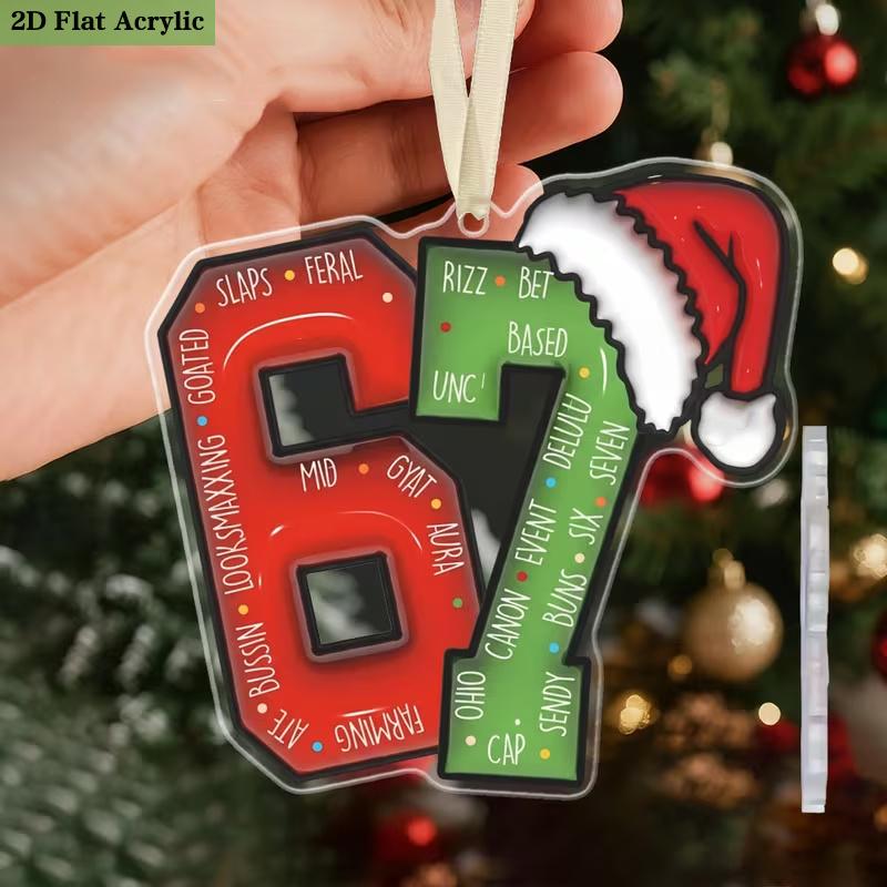 Trendy Number 67 Ornament,Red Green Classic Color Hanging Decoration,Funny Hanging Decor for Xmas Tree– Perfect Gift for Gen Z, Friends, Besties, Bro
