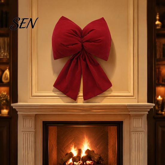 Decorative Velvet Bows for Wreaths Christmas Flocked Fabric Bow, Large Red Bow with Hanging Strap, Mall Window Displays Festive Pendant Tree, Holiday