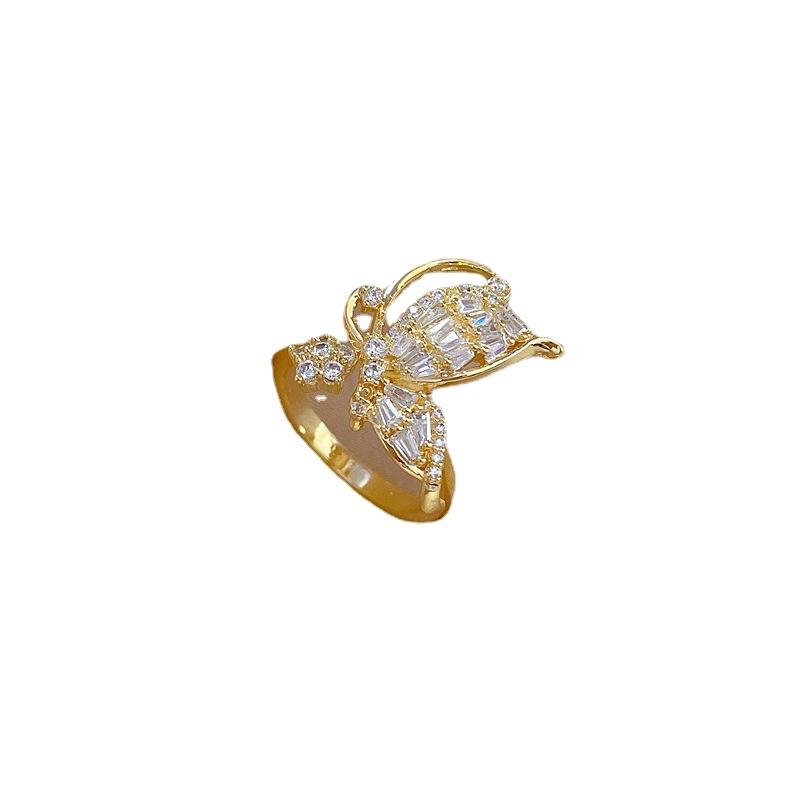 Real Gold Bow Zircon Ring Opening Adjustable Simple Jewelry Japanese Ring Couple Ring