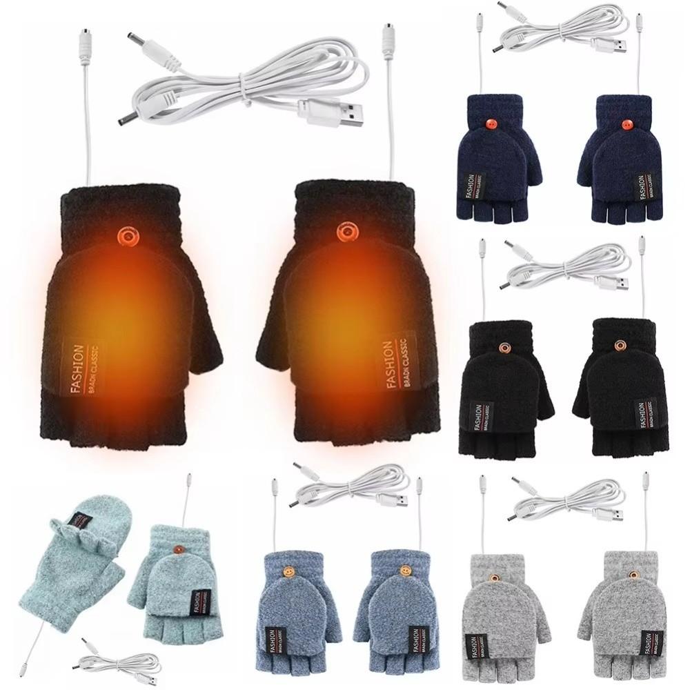 Unisex USB Electric Heating Gloves Knitted Flip Cover Winter Heated Gloves Keep Warm Touch Screen Hands Warmer Outdoor