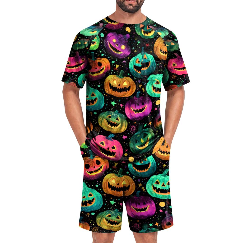 Men's Halloween Casual Pajama Set Short Sleeve Top and Shorts Comfortable Lightweight Sleepwear for Home Relaxation