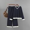 A New Autumn and Winter Striped Knitted Suit for Women, A V-neck Color-blocking Top and Wide-leg Pants Two-piece Set