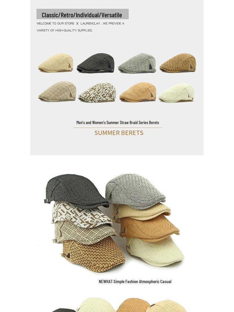 Men's Straw Beret: Spring/Summer Sun Protection, British Retro Duckbill Cap, Casual Newsboy Hat